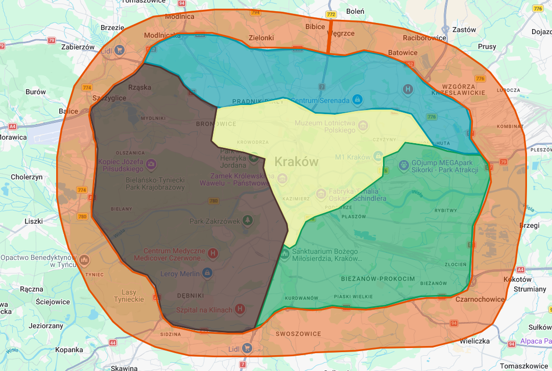 Mapa stref dostawy WASHIFY – Kraków i okolice